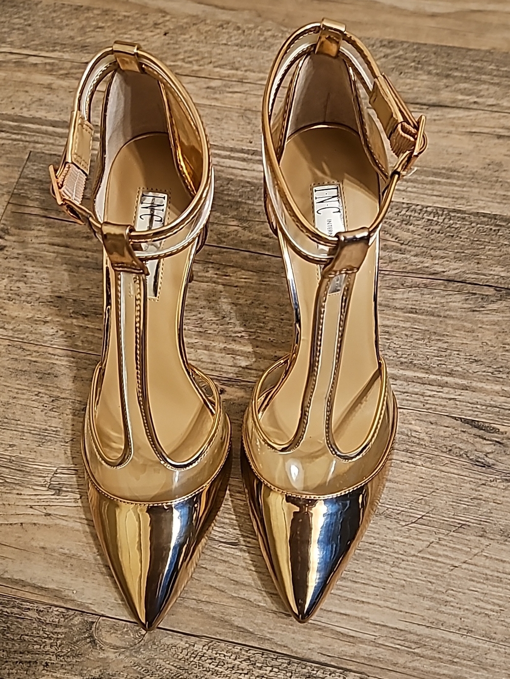 INC International Concepts Metallic Gold T-Strap Pointed Heels